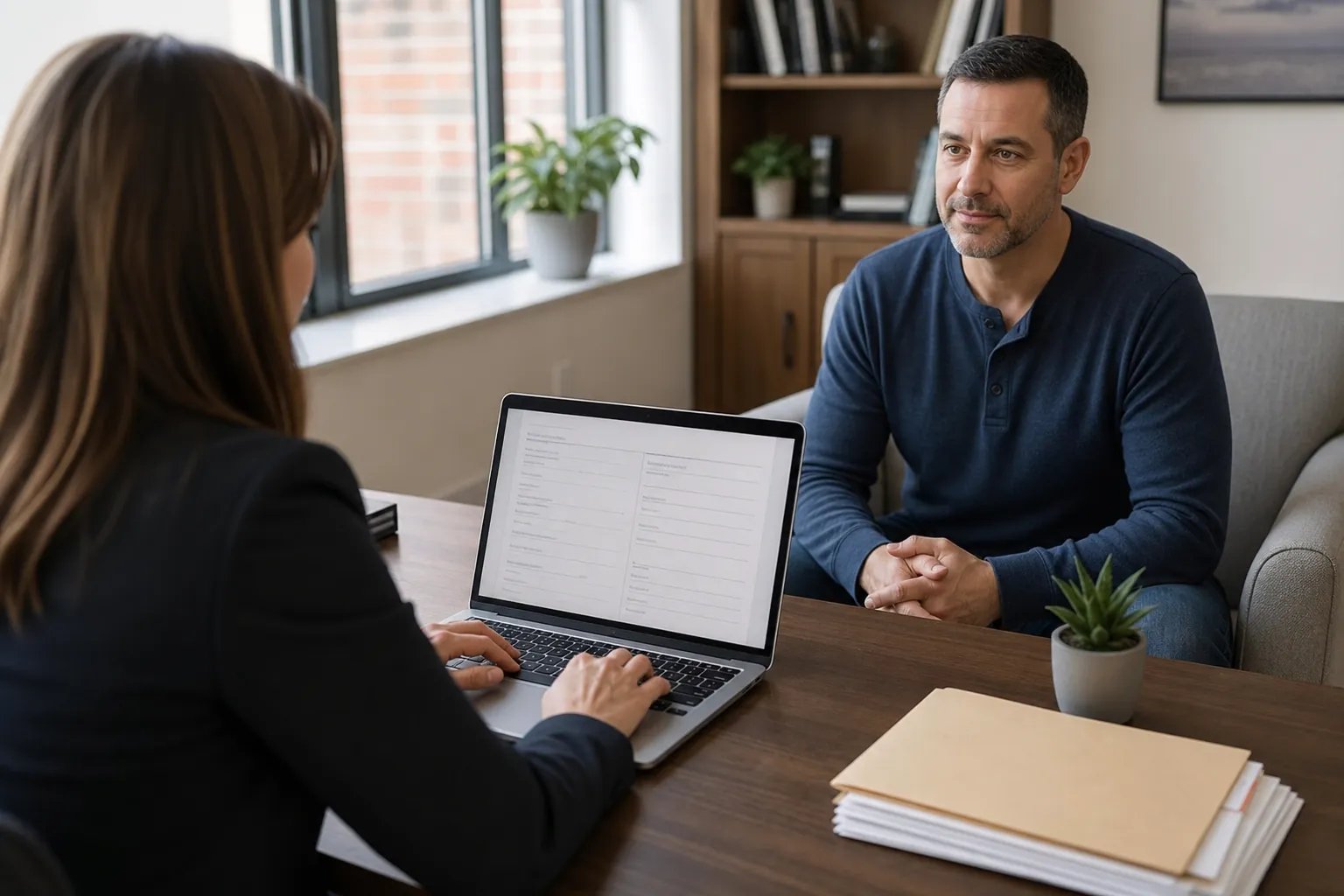 A clinician enters details into a laptop form while speaking with a seated man across an office desk.