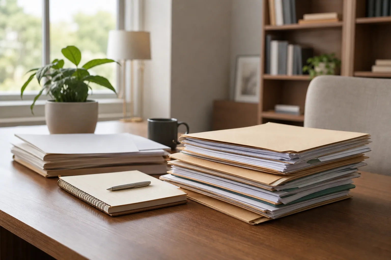 Stacks of folders and papers on a wooden desk beside a spiral notebook, pen, mug and potted plant, with an empty chair and bookshelf behind.