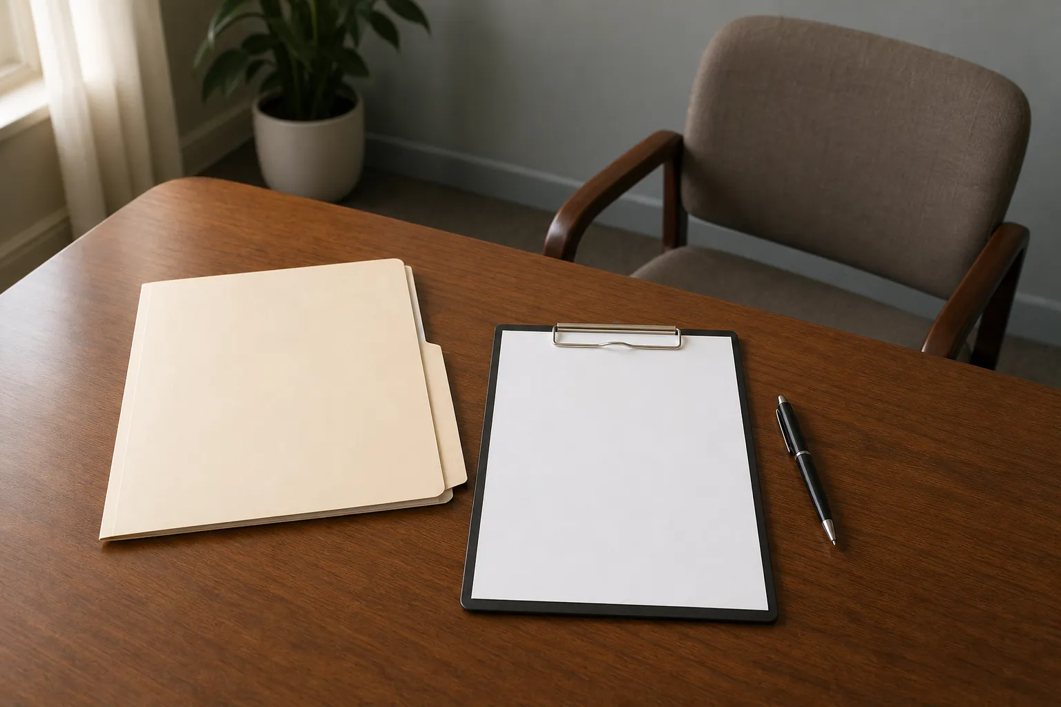 Manila folders, a clipboard with blank white paper and a black pen on a wooden desk, with an empty upholstered chair and potted plant behind it.