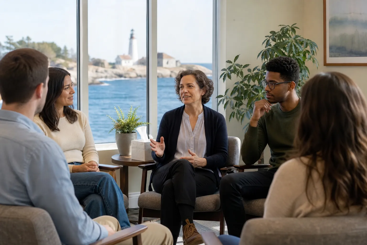 Five adults sit in a circle as a gray-haired woman gestures, with water and a lighthouse visible through the windows.