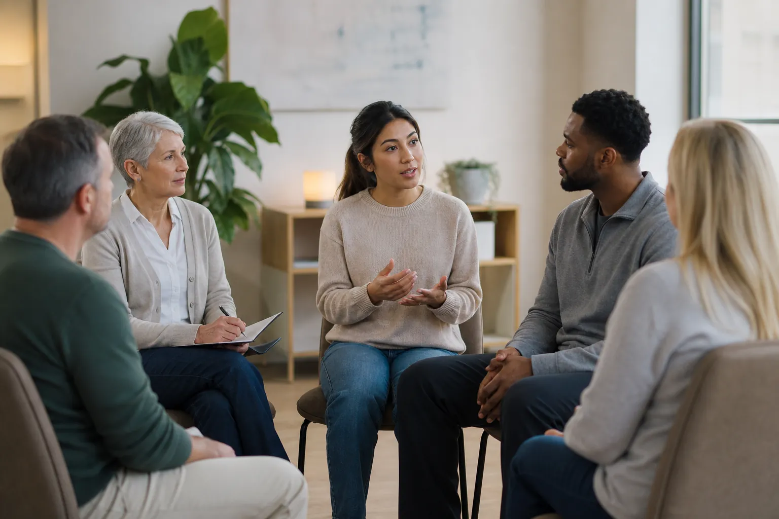 Five adults sit together as a woman in a beige sweater gestures and an older woman holds a clipboard.