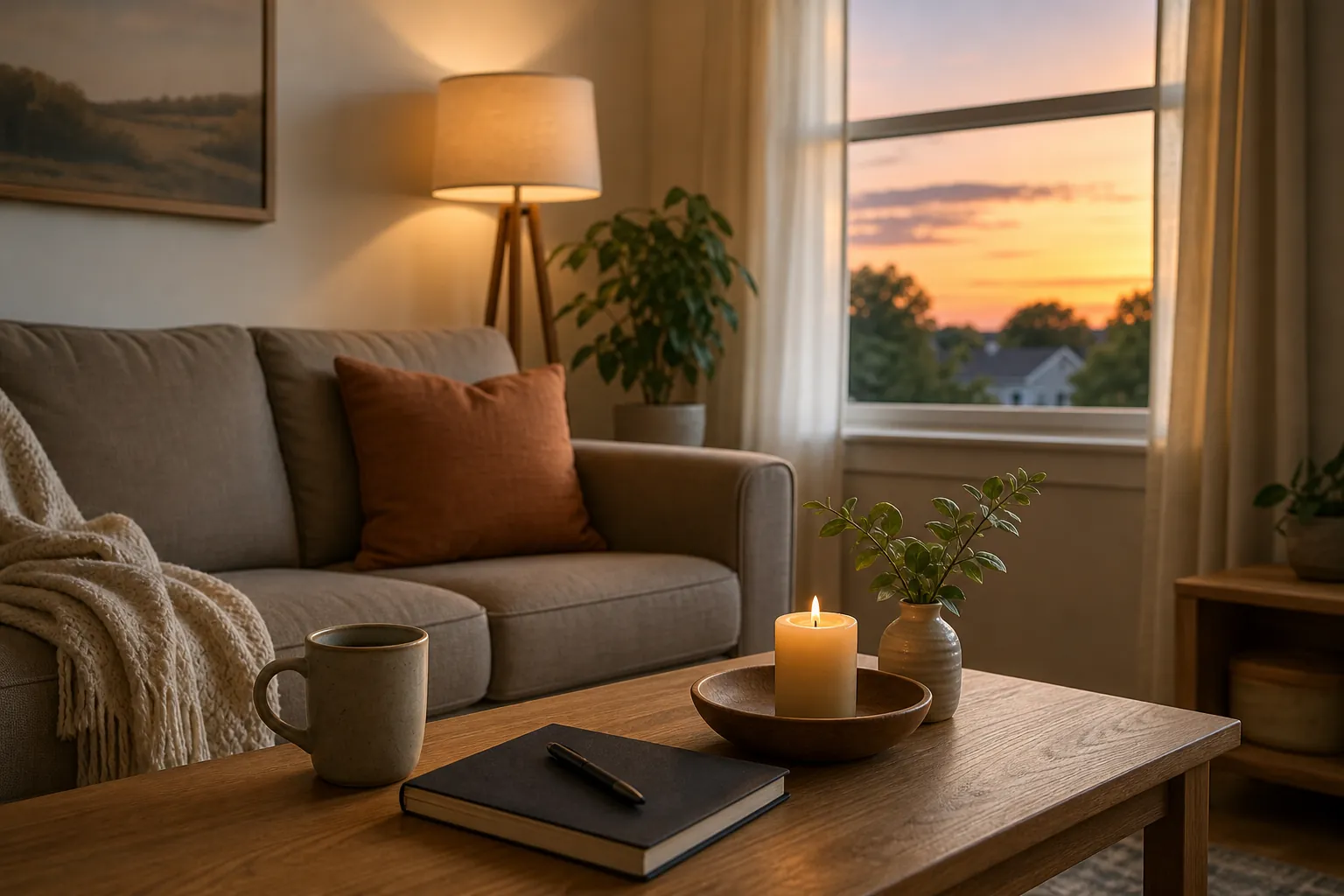 Living room with candle and sunset window A sofa with a pillow and throw beside a lit floor lamp, with a mug, closed notebook, pen, candle, and leafy vase on a wooden coffee table at sunset.