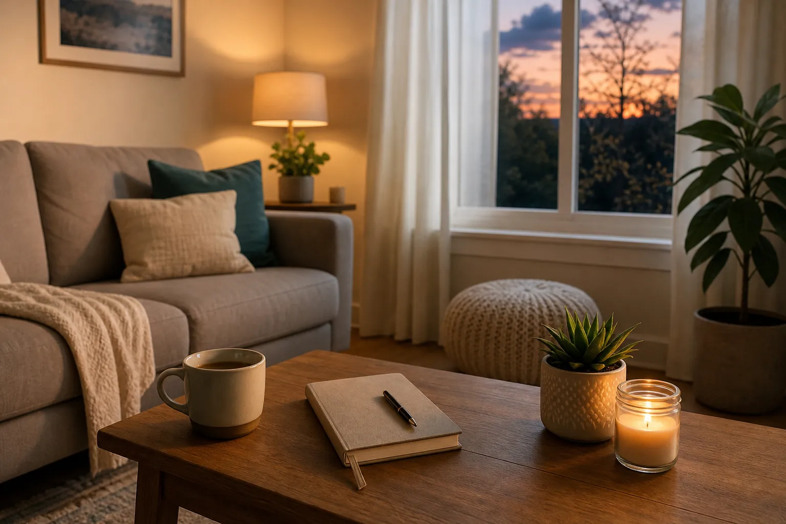 Living room with a sunset window and coffee table An empty living room with a sofa, cushions, throw blanket, lamp, and sunset window. A wooden coffee table holds a mug, closed notebook, pen, potted plant, and lit candle.
