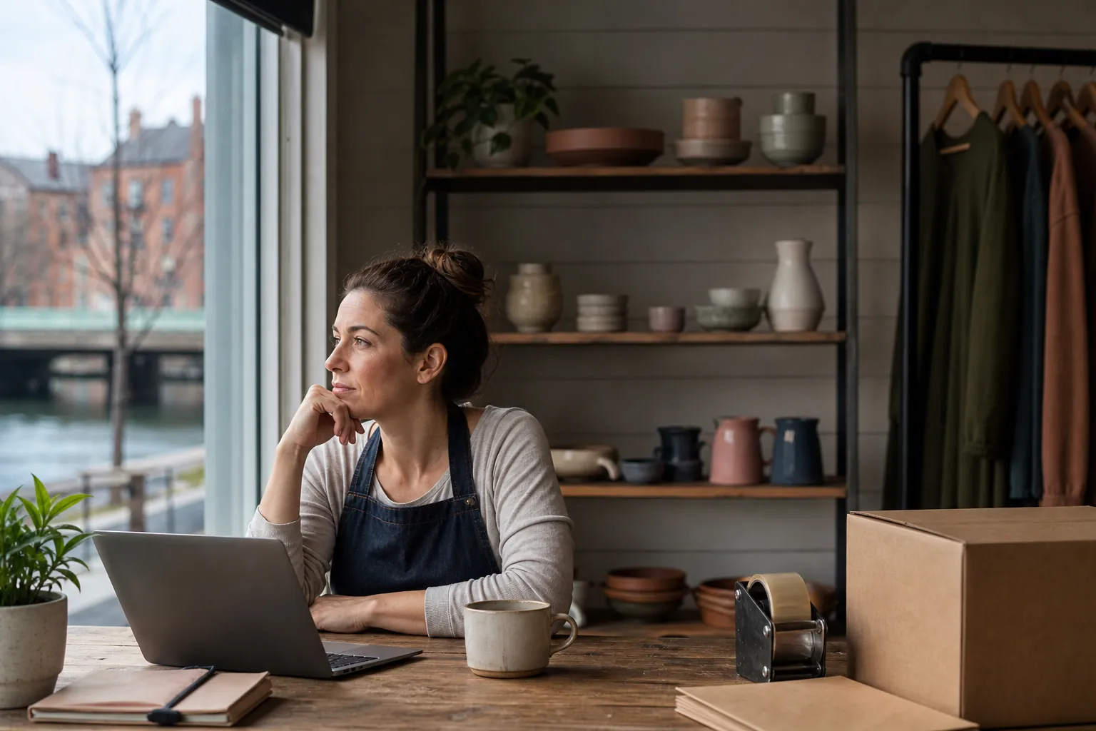 Shop Worker Pausing Beside a Laptop and Packing Supplies A woman in an apron looks out a shop window beside a laptop, mug, notebook, tape dispenser, and cardboard boxes.