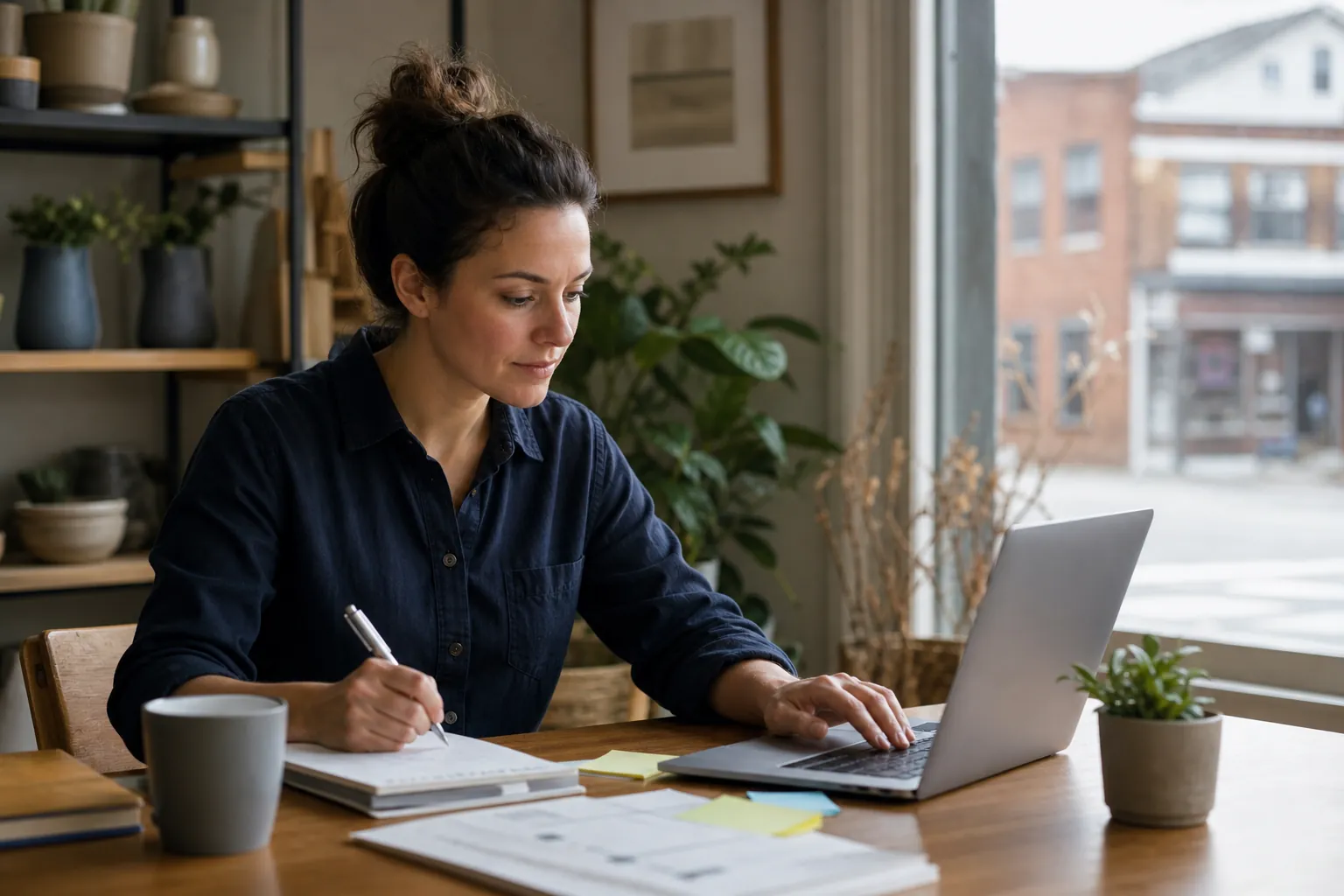 Woman Working With a Laptop and Notebook by a Window A woman writes in a notebook while using a laptop at a wooden table with paperwork, a mug, and plants beside a window.