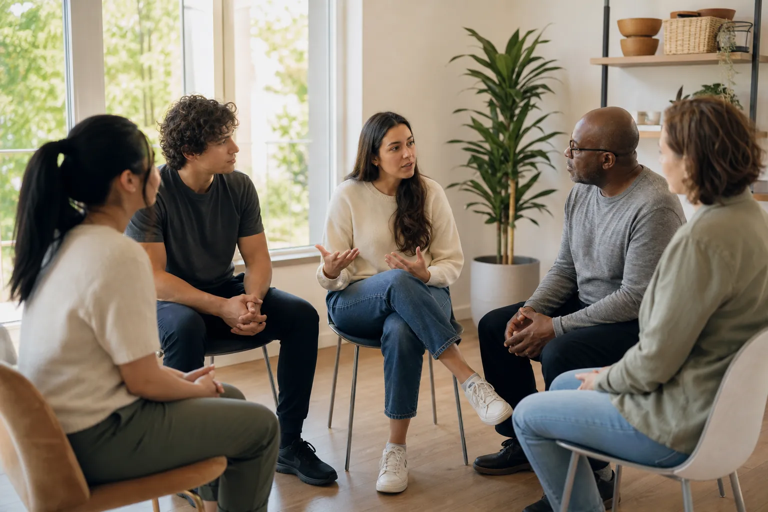 Adults Participating in a Seated Group Discussion Five adults sit in a circle in a bright room, listening as a woman gestures during a group discussion.