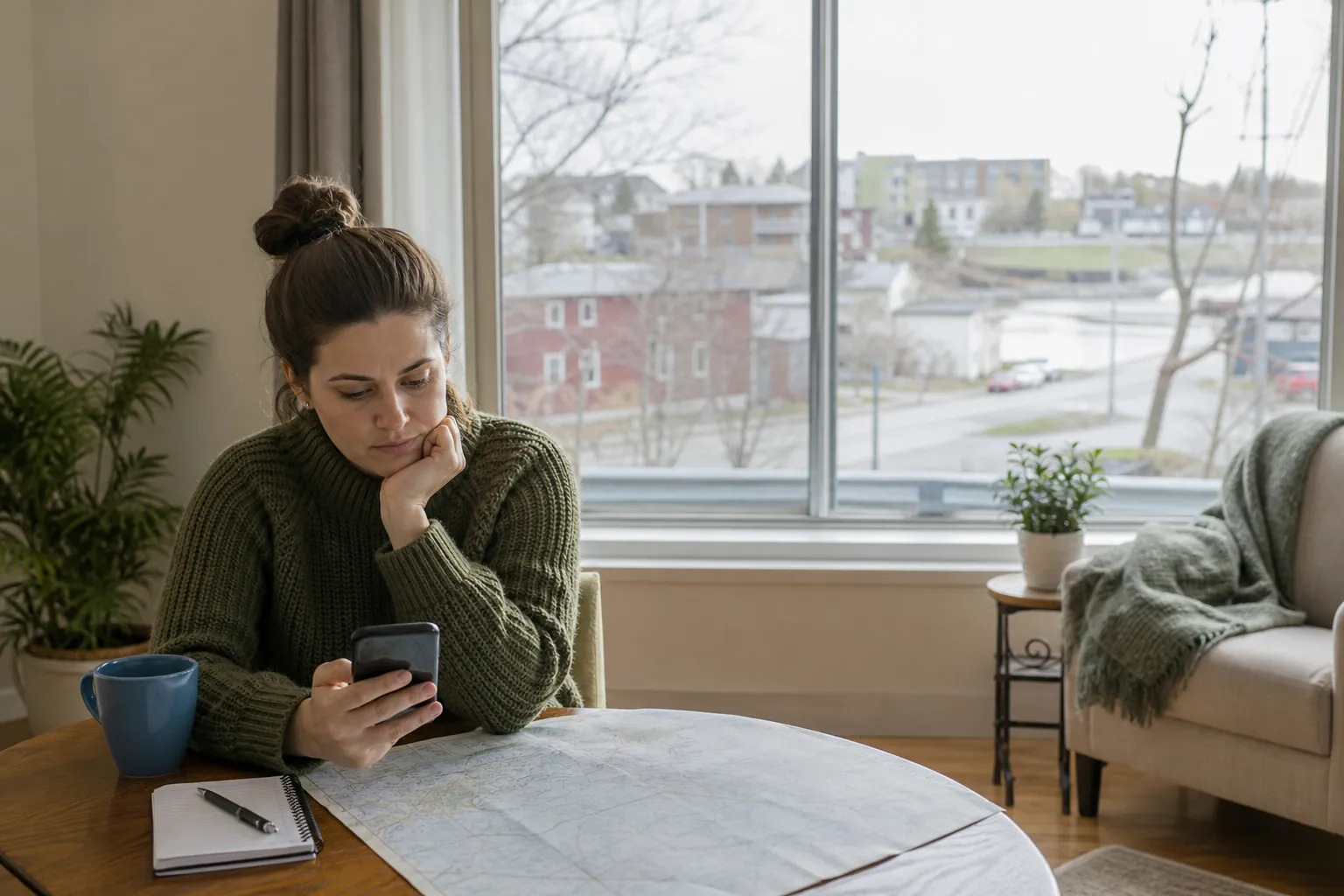 Woman Checking a Phone Beside a Street Map A woman looks at her smartphone beside an unfolded street map, a notebook, and a blue mug at a table near a window.