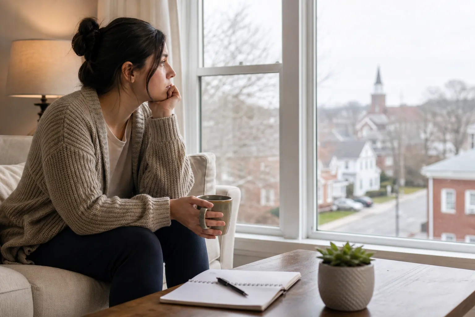 Woman Holding a Mug and Looking Out a Window A woman holding a mug sits on a sofa and gazes out a window, with a notebook and potted succulent on the coffee table.