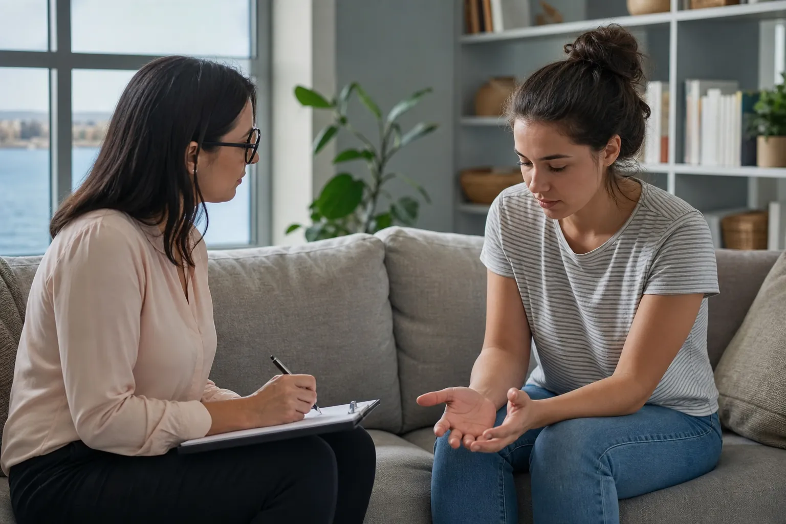 Two women sit on a sofa while one gestures and the other holds a pen and clipboard.