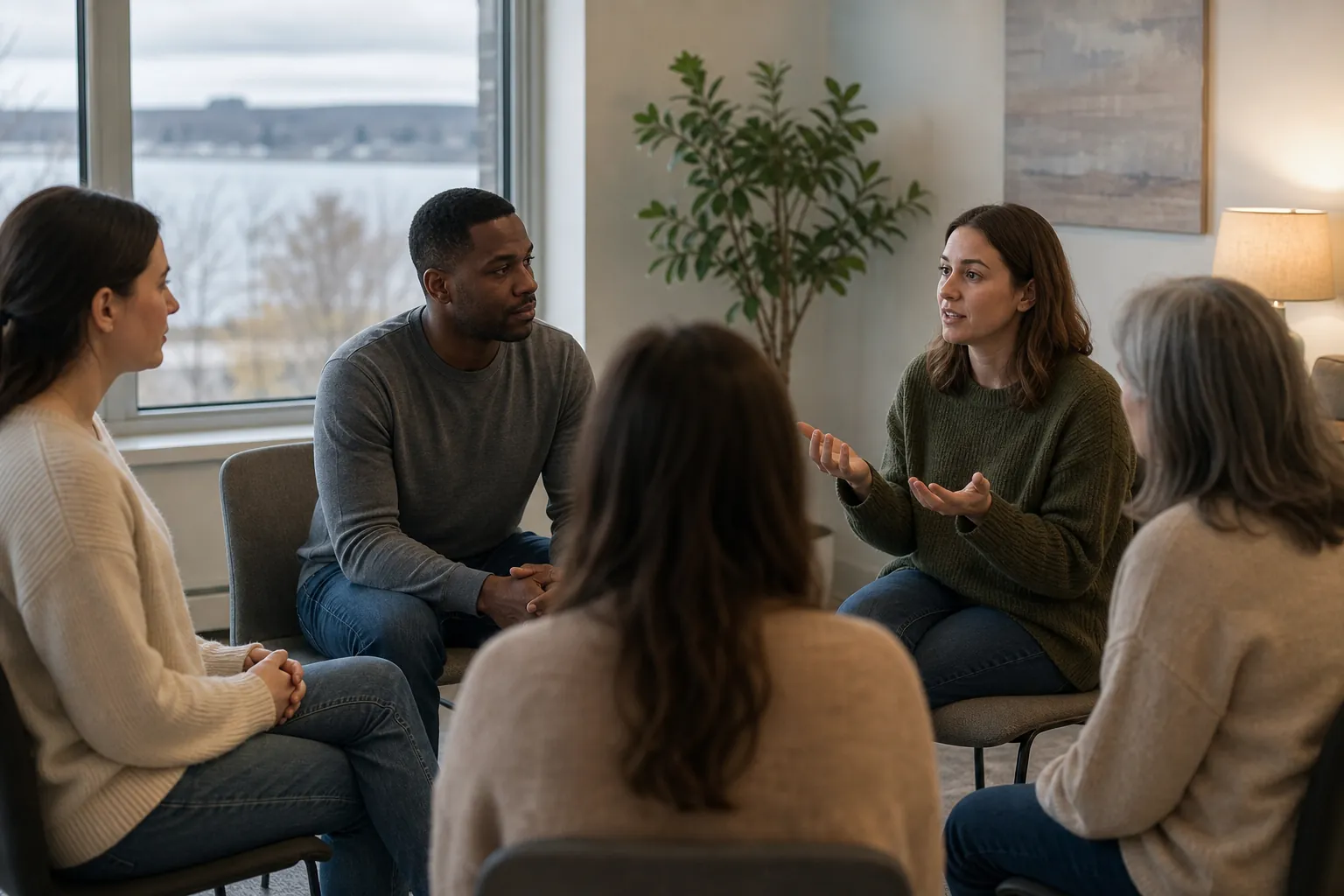 Five adults sit in a circle while a woman in a green sweater gestures.