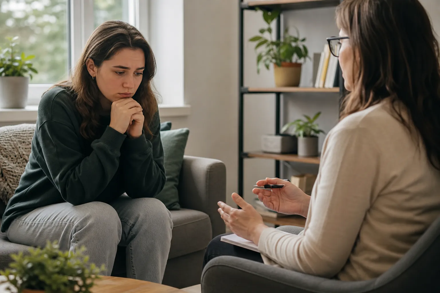Worried Woman Talking With a Counselor A worried woman sits with her hands clasped beneath her chin while a counselor holding a pen gestures in a bright office.