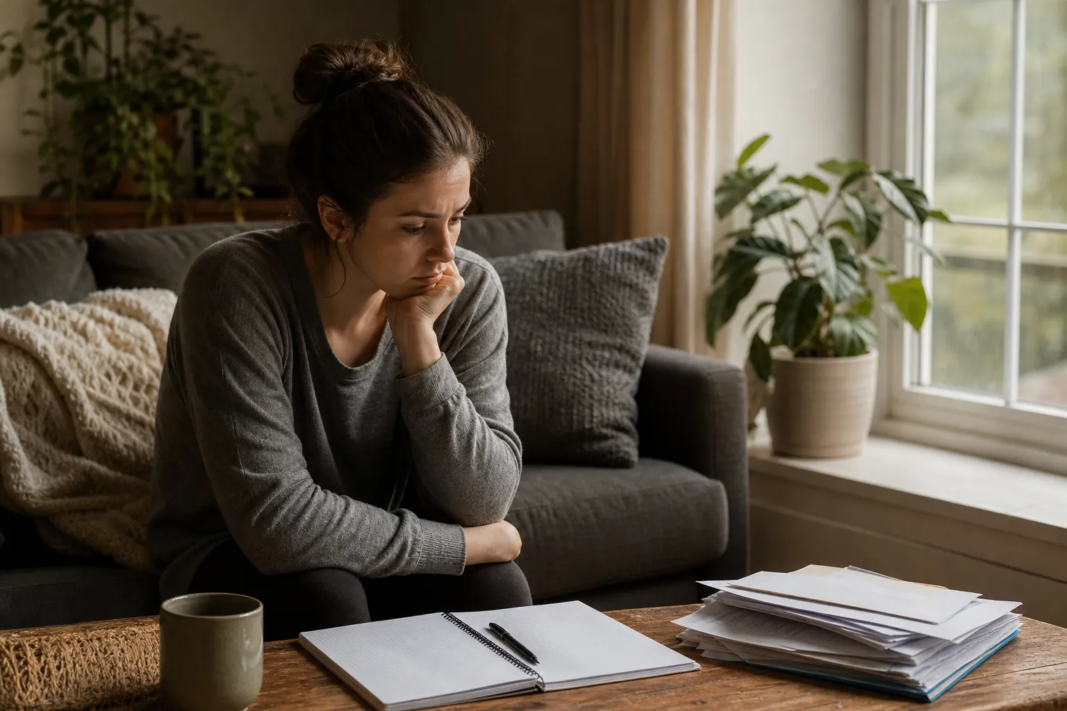 Pensive Woman on a Sofa Beside a Notebook and Papers A woman sits on a gray sofa with her chin resting on her hand, beside a table with a notebook, pen, mug, and stacked papers.