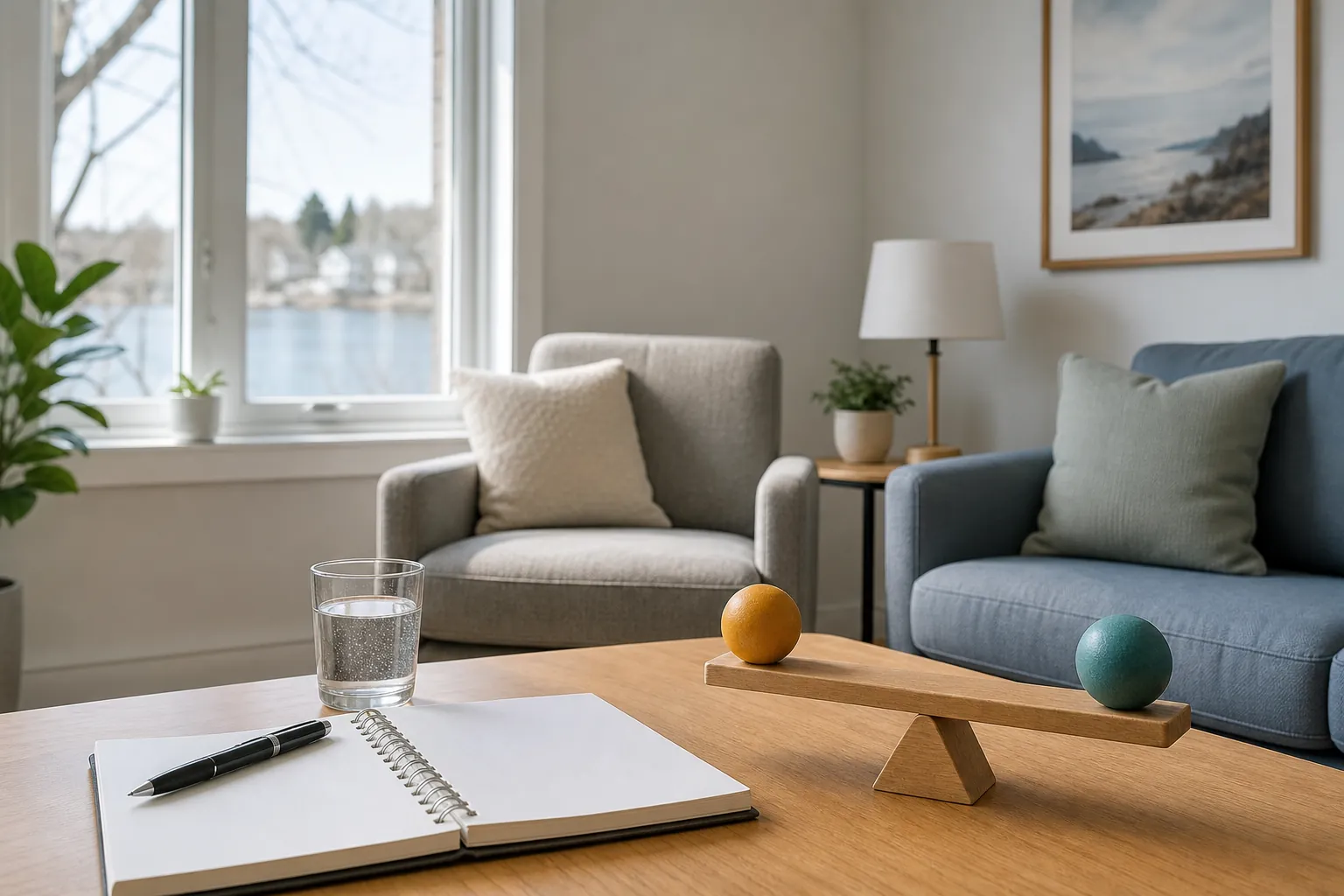 Blank notebook and wooden balance on a table A wooden table holds a blank spiral notebook, pen, glass of water, and wooden balance with two colored balls, with cushioned seating and plants behind it.