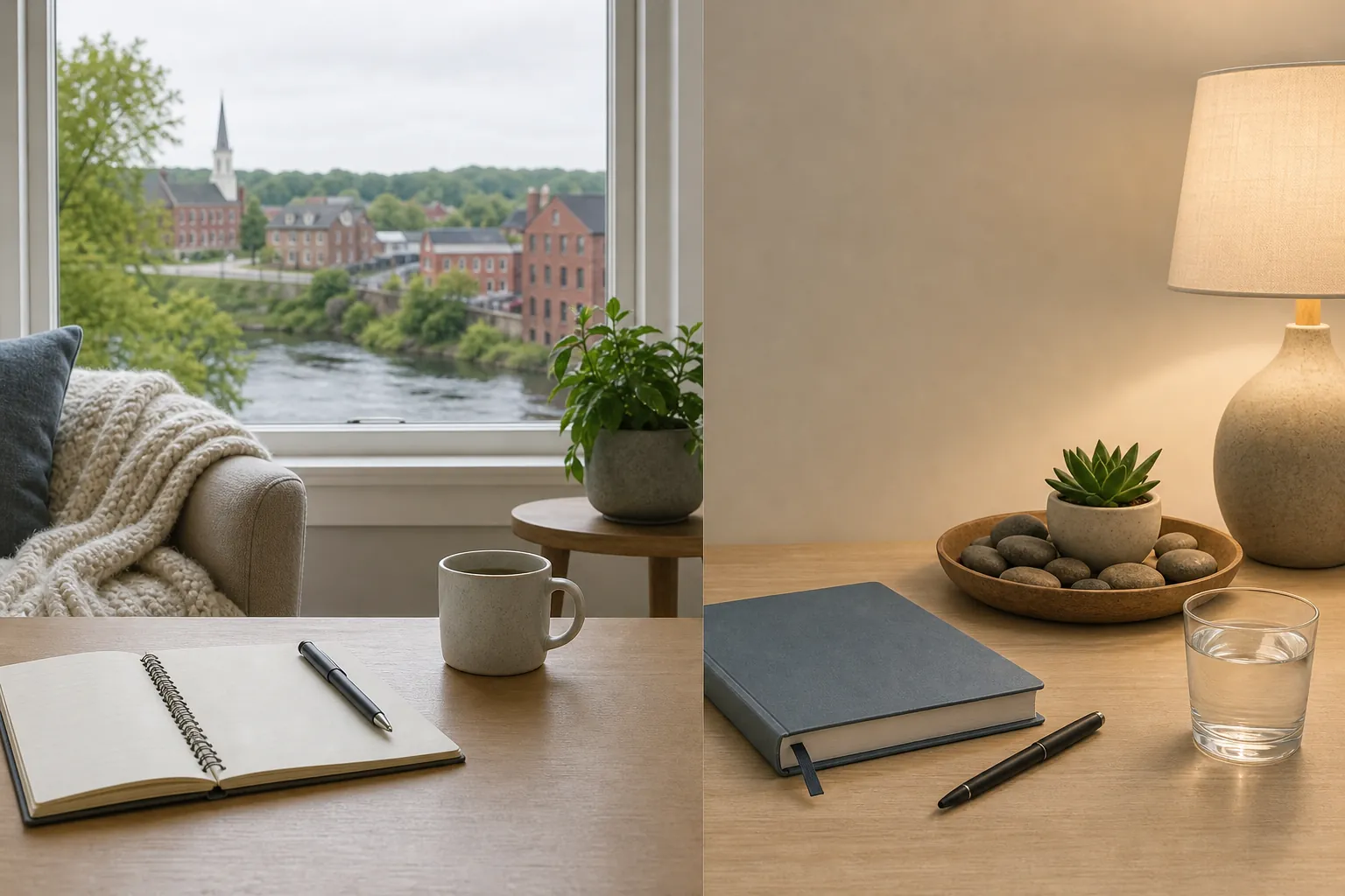 Notebooks, plants, and drinks on wooden tables Two side-by-side tabletop scenes with notebooks, pens, a mug, a glass of water, potted plants, and a lamp; a chair and window overlooking water and buildings appear on the left.