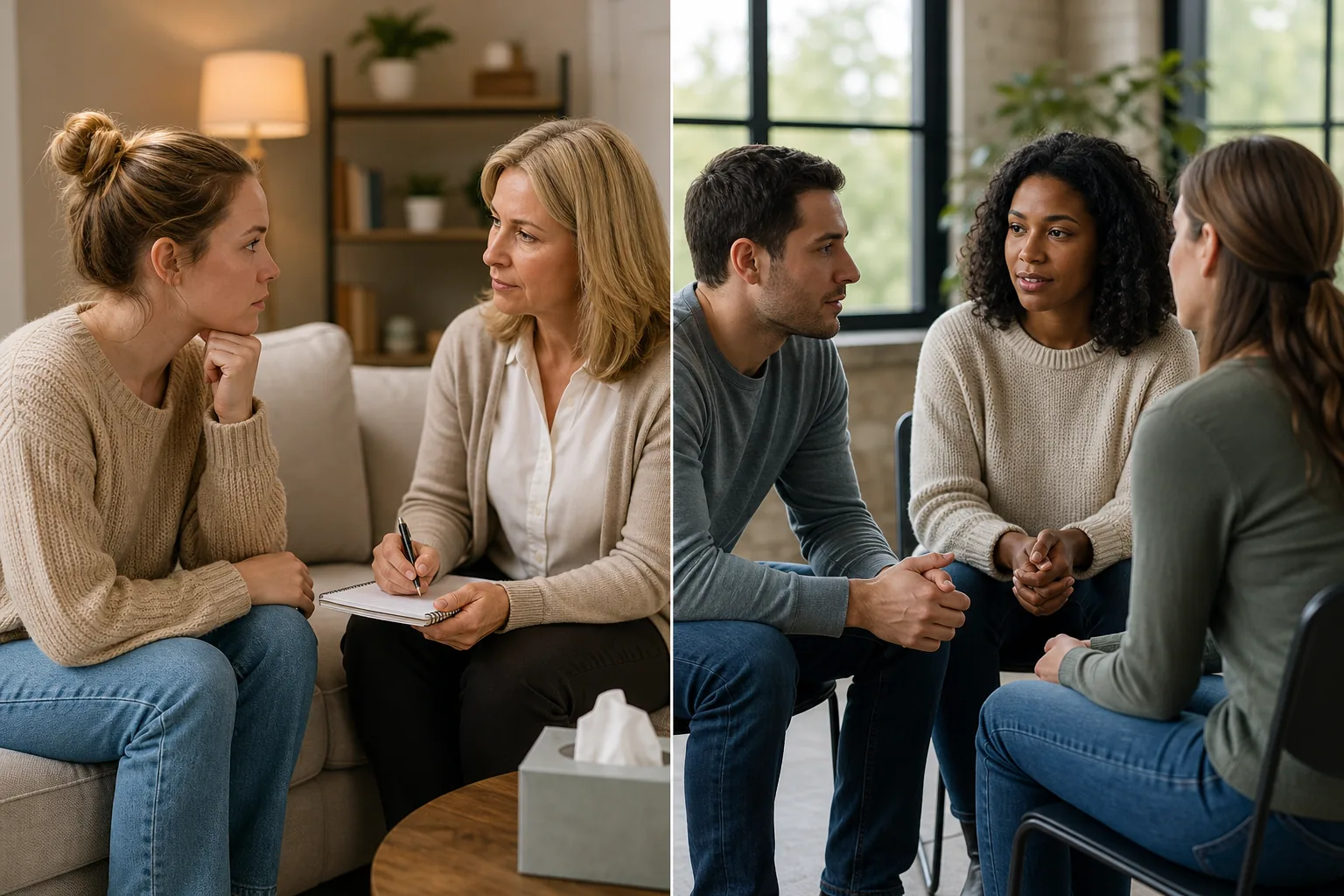 Individual Counseling and Small Group Mental Health Discussion Split view showing a woman speaking with a counselor taking notes and three adults seated together in a group discussion.