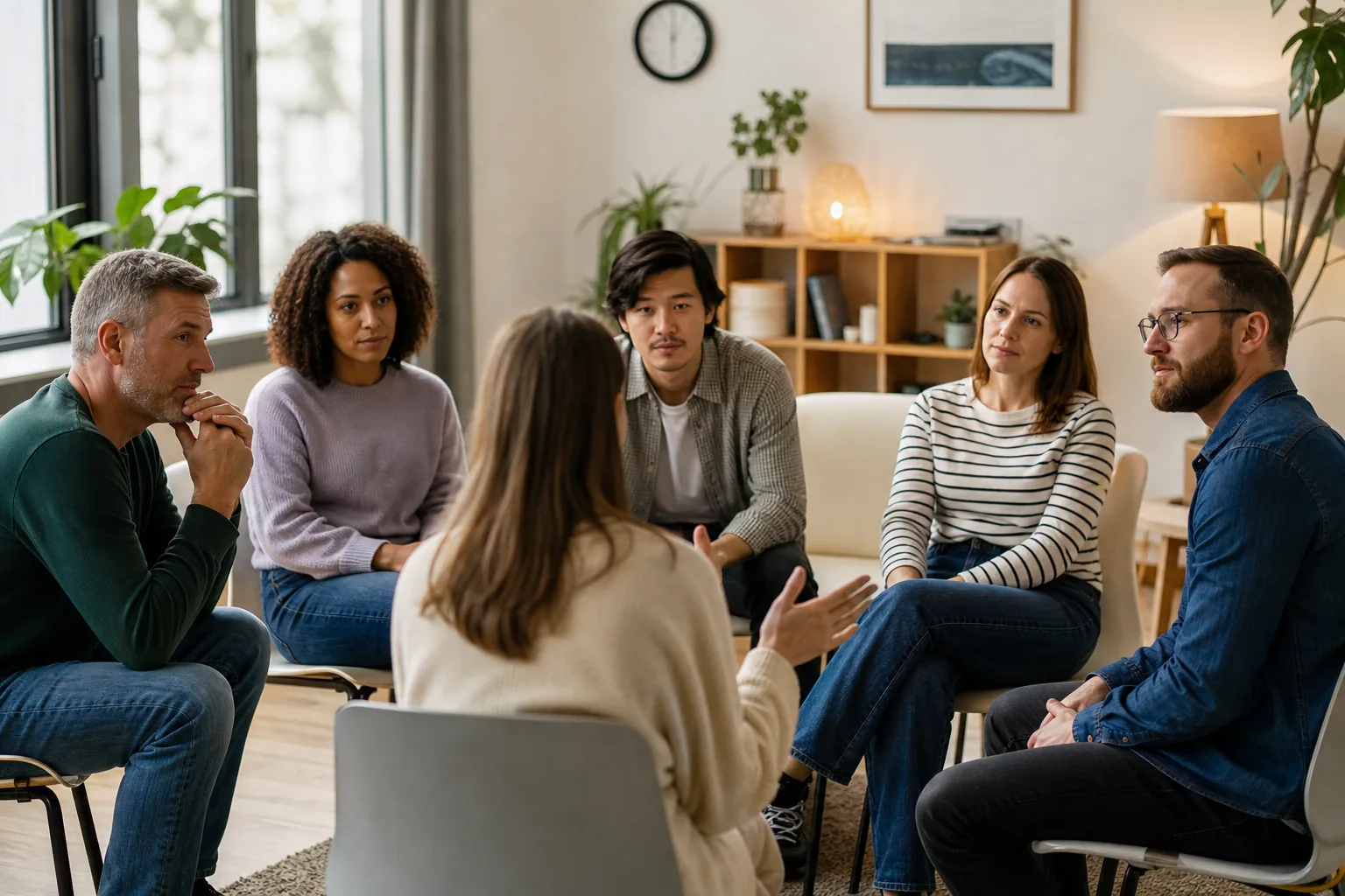 Adults Seated in a Circle for a Group Discussion Six adults sit in a circle in a bright room, with a woman facing away gesturing during a group discussion.
