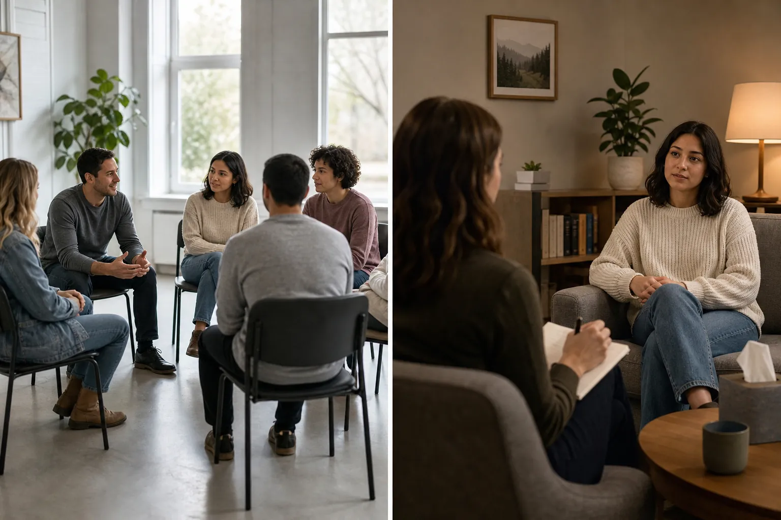 Group Therapy and Private Counseling Comparison Split view of adults seated in a group therapy circle and a woman speaking with a therapist in a private office.