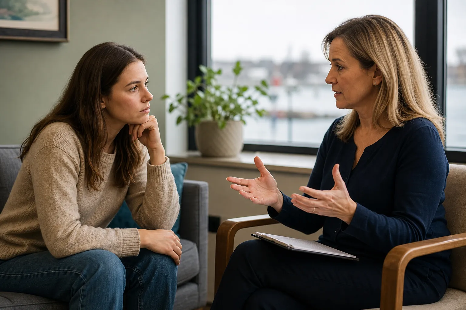 One-on-One Conversation in a Counseling Office Two women sit facing each other in a counseling office, one listening while the other gestures with a clipboard on her lap.