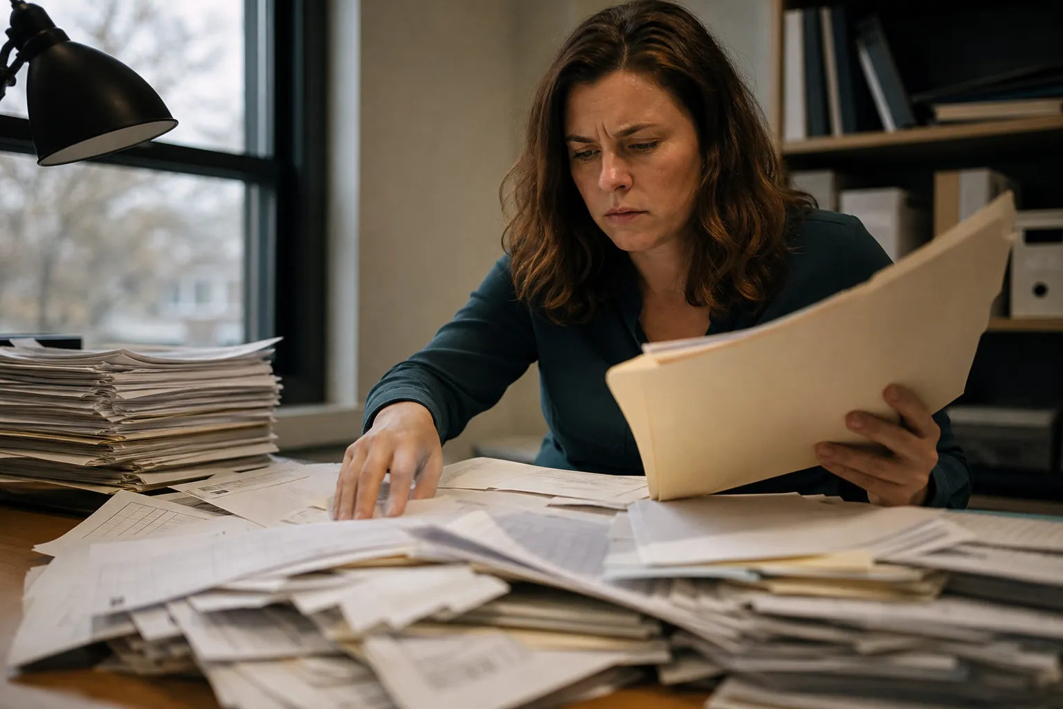 A concerned woman reviews a manila folder at an office desk covered with loose paperwork and tall stacks of files.