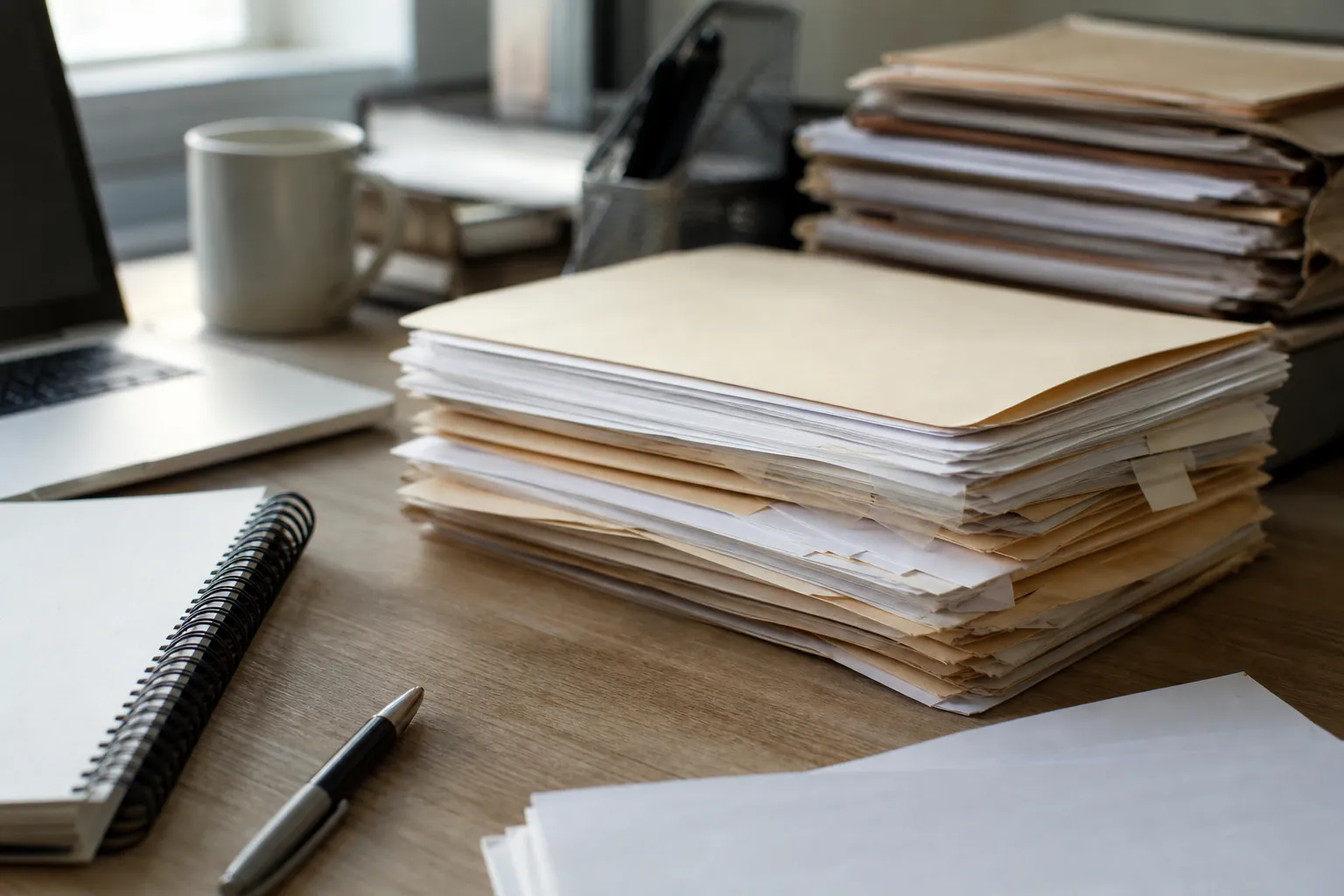 Stacks of paper records and manila folders on a wooden desk beside a laptop, spiral notebook, pen, and white mug.