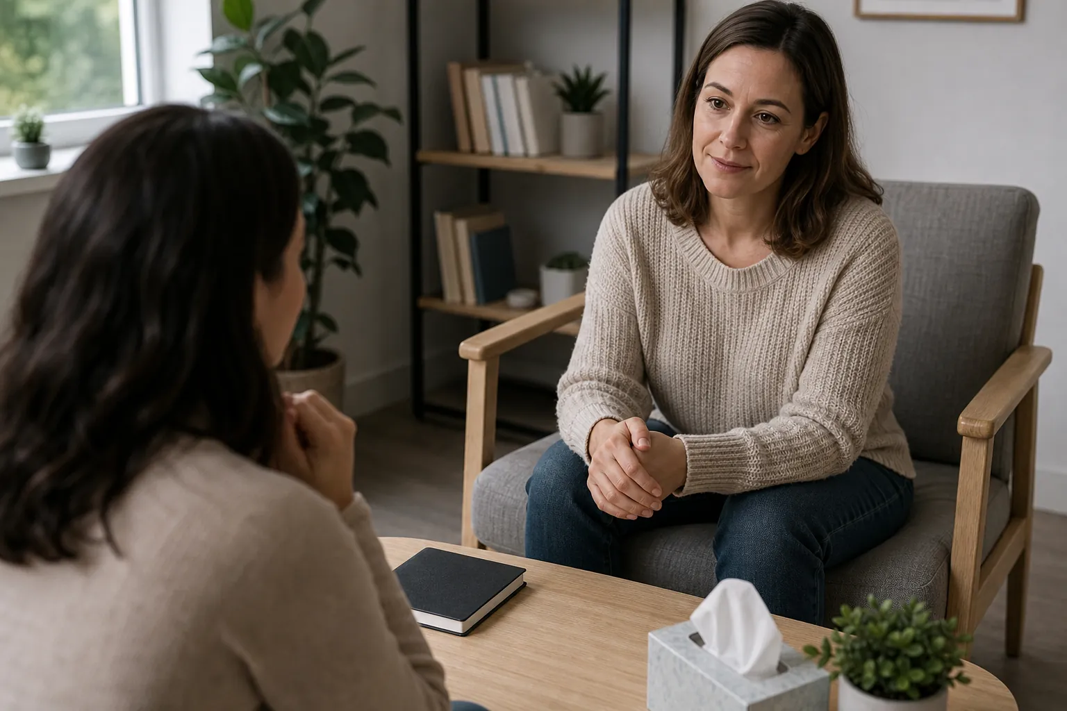 Two Women in a Mental Health Counseling Session Two women sit facing each other in a counseling office, with a notebook, tissue box, and plant on the table between them.