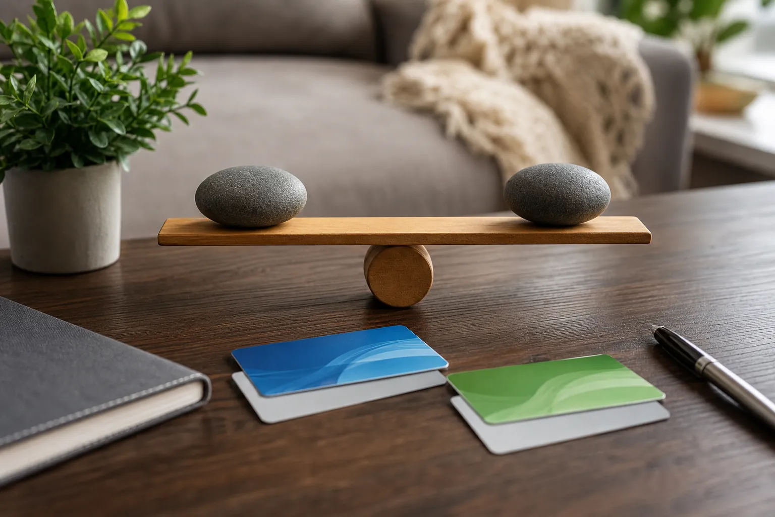 Balanced Stones Beside Two Colored Cards Two stones balance on a wooden beam beside blue and green cards, a notebook, a pen, and a potted plant on a table.