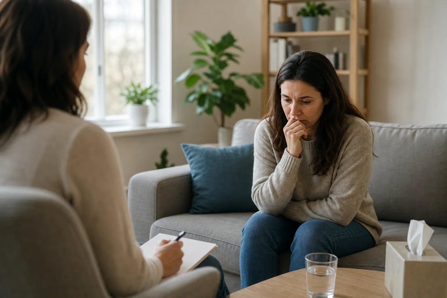 Worried Woman in a Counseling Conversation A worried woman sits on a gray sofa with her hand near her mouth while another woman holds a pen and clipboard opposite her.