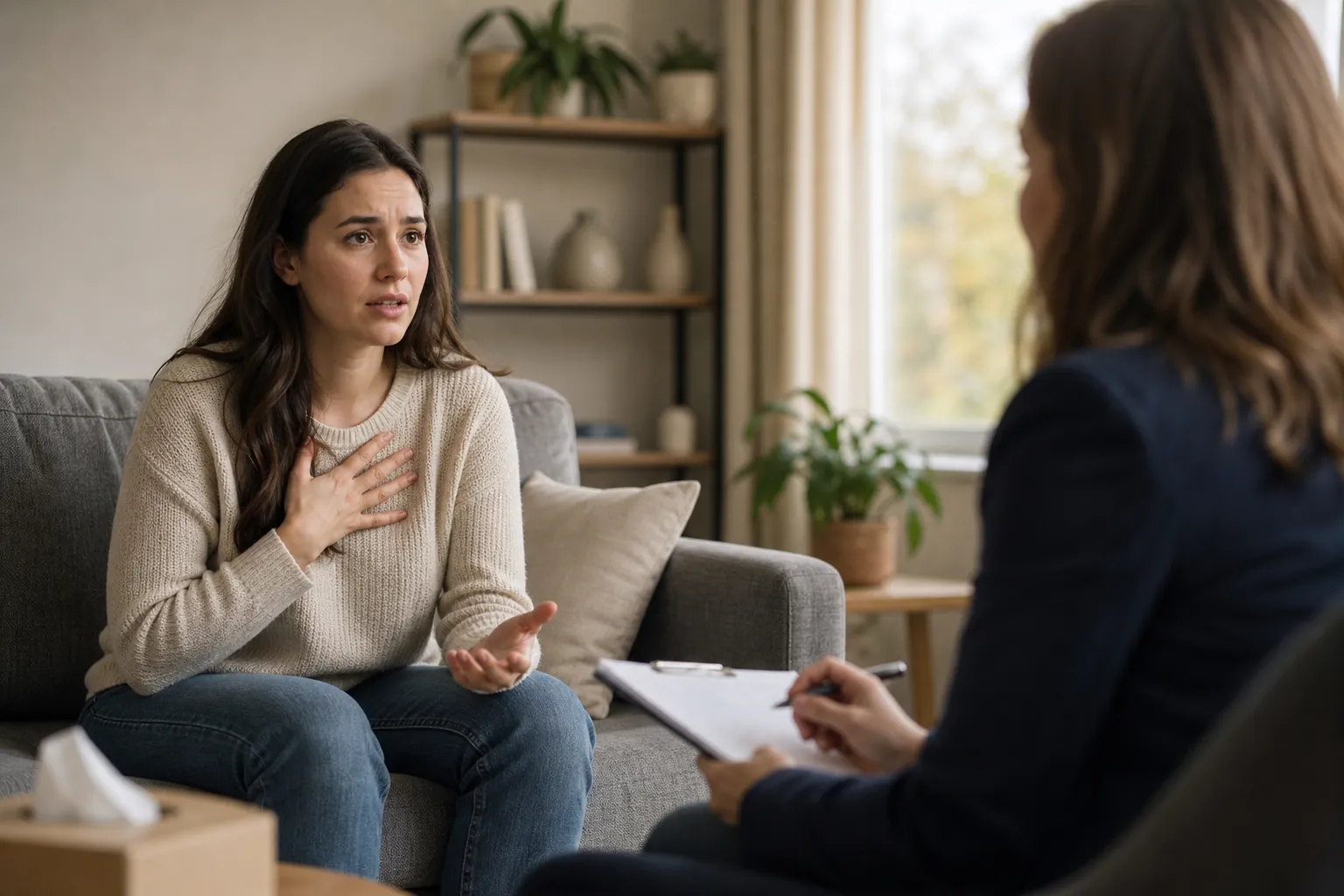 Woman Discussing Symptoms With a Seated Professional A concerned woman holds a hand to her chest while speaking with a seated professional holding a clipboard and pen.