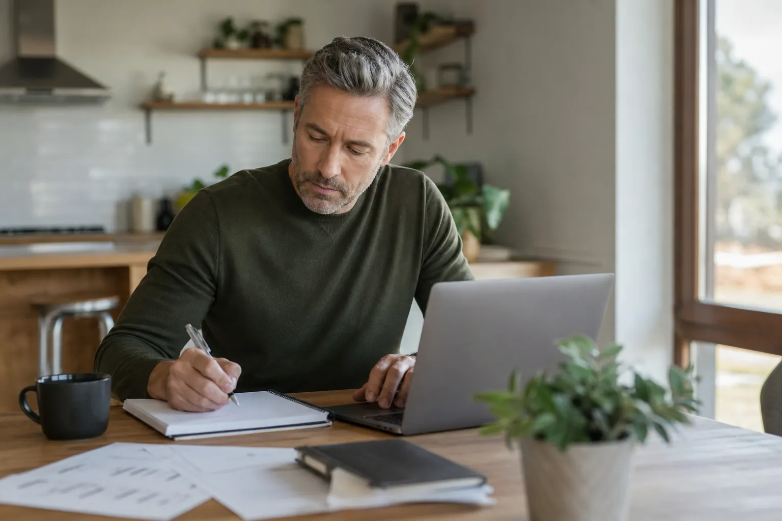 Man Working With a Laptop and Notebook at Home A gray-haired man writes in a notebook beside an open laptop at a wooden kitchen table with papers, a mug, and a plant.
