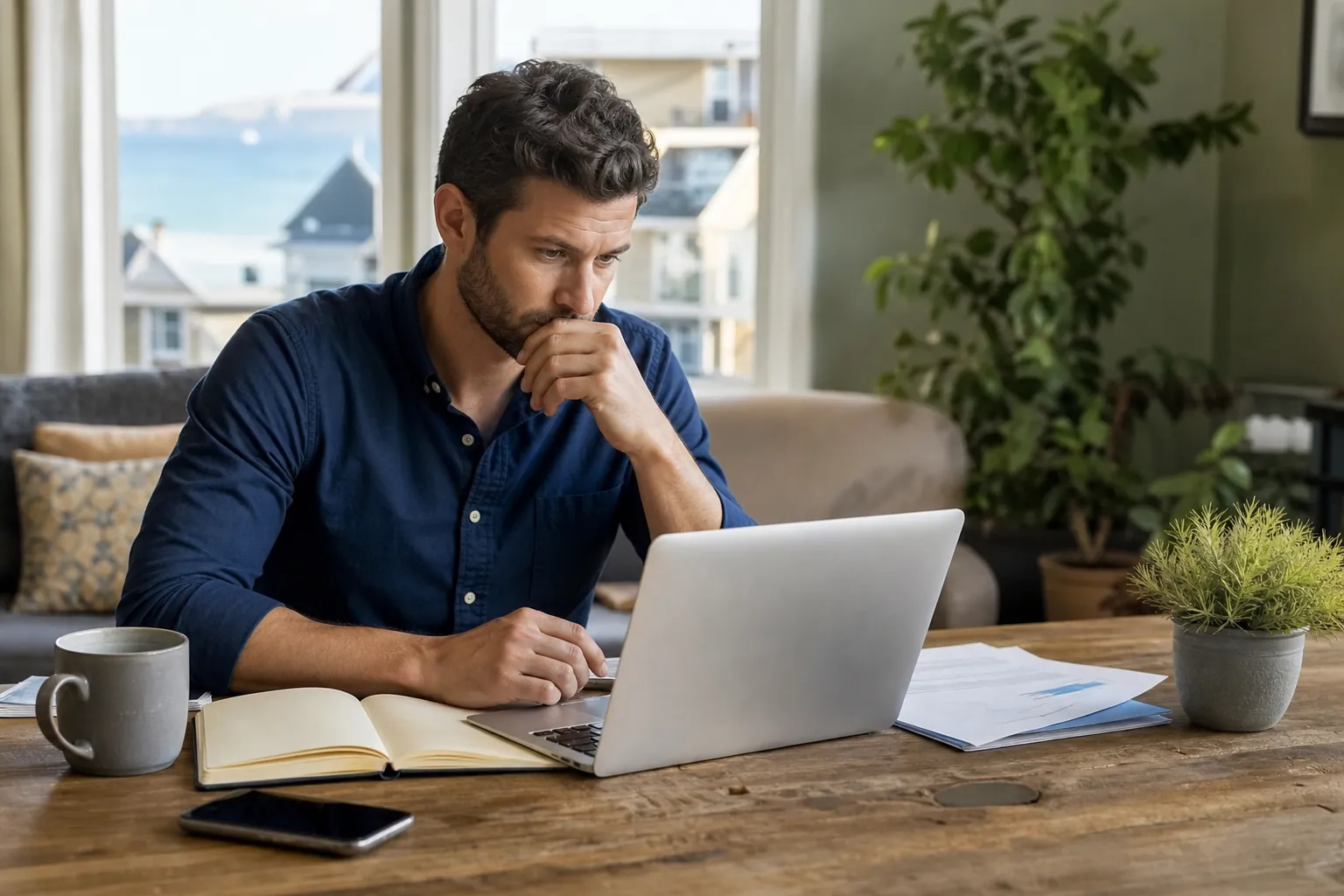 Thoughtful Man Reviewing Work at a Laptop A thoughtful man rests a hand near his chin while looking at a laptop beside an open notebook, papers, a mug and a phone.