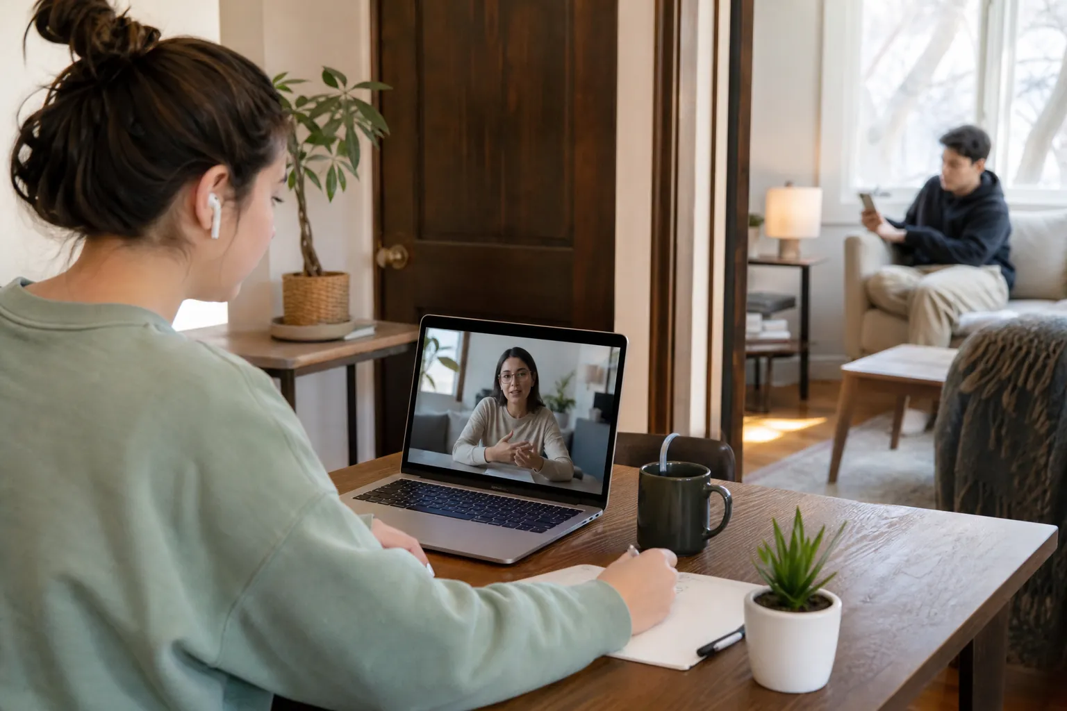 A woman wearing earbuds joins a laptop video call at a wooden table while another person sits in the adjoining room.