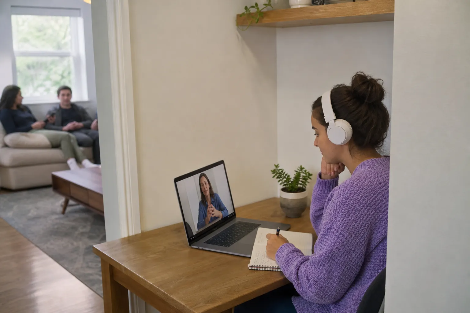 A woman wearing headphones joins a laptop video call at a desk while two people sit in the adjoining living room.