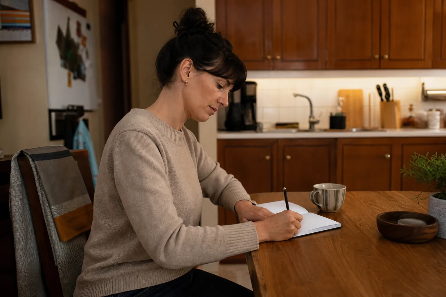 A woman sits alone at a wooden kitchen table, writing in an open notebook beside a striped mug and a potted plant.