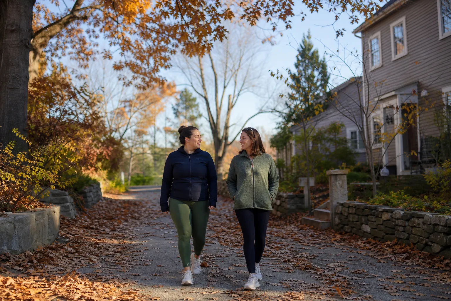 Two women walk side by side, smiling at each other on a leaf-covered residential lane bordered by autumn trees and stone walls.
