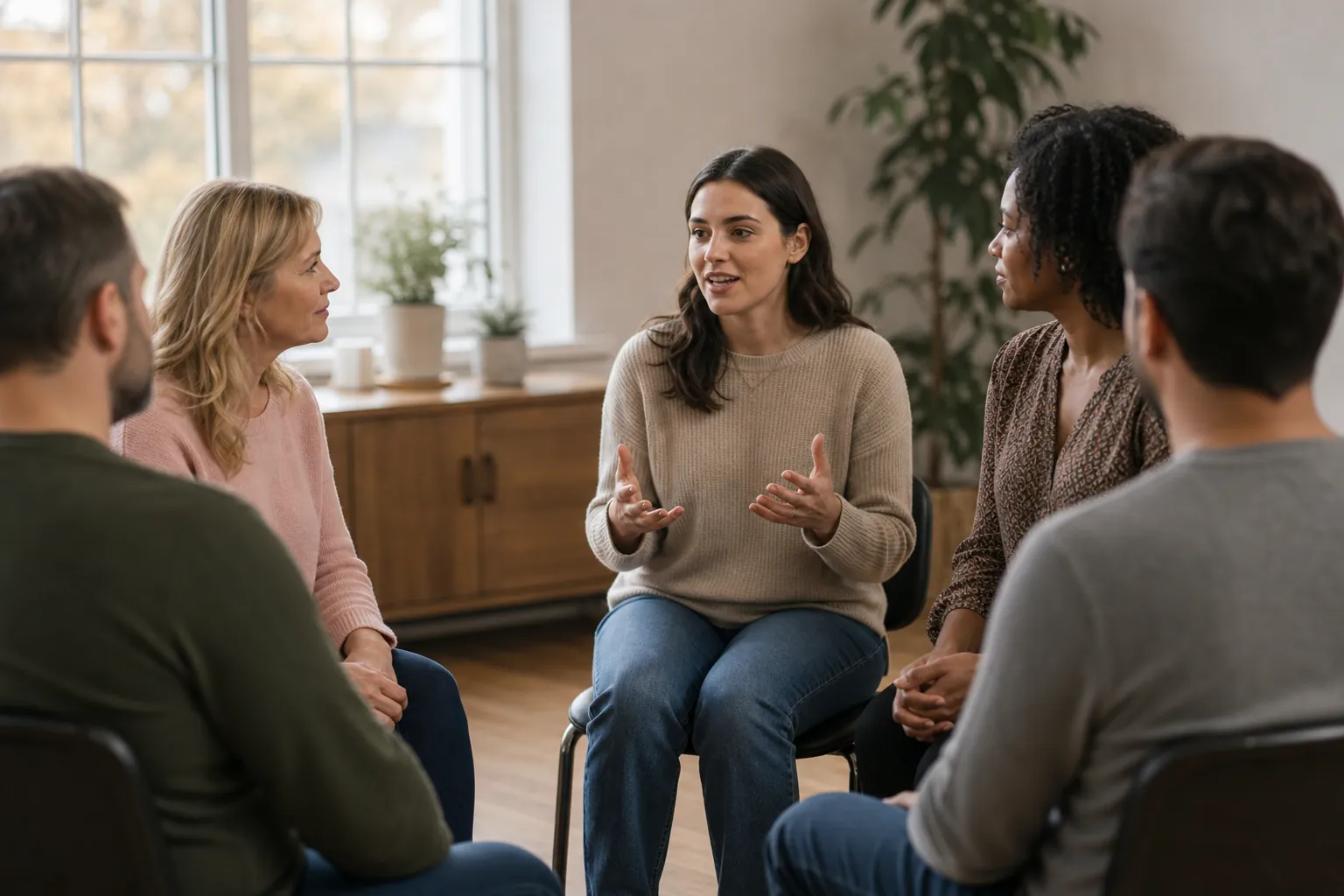 Five adults sit in a circle in a bright room, listening as a woman in a beige sweater speaks and gestures with both hands.