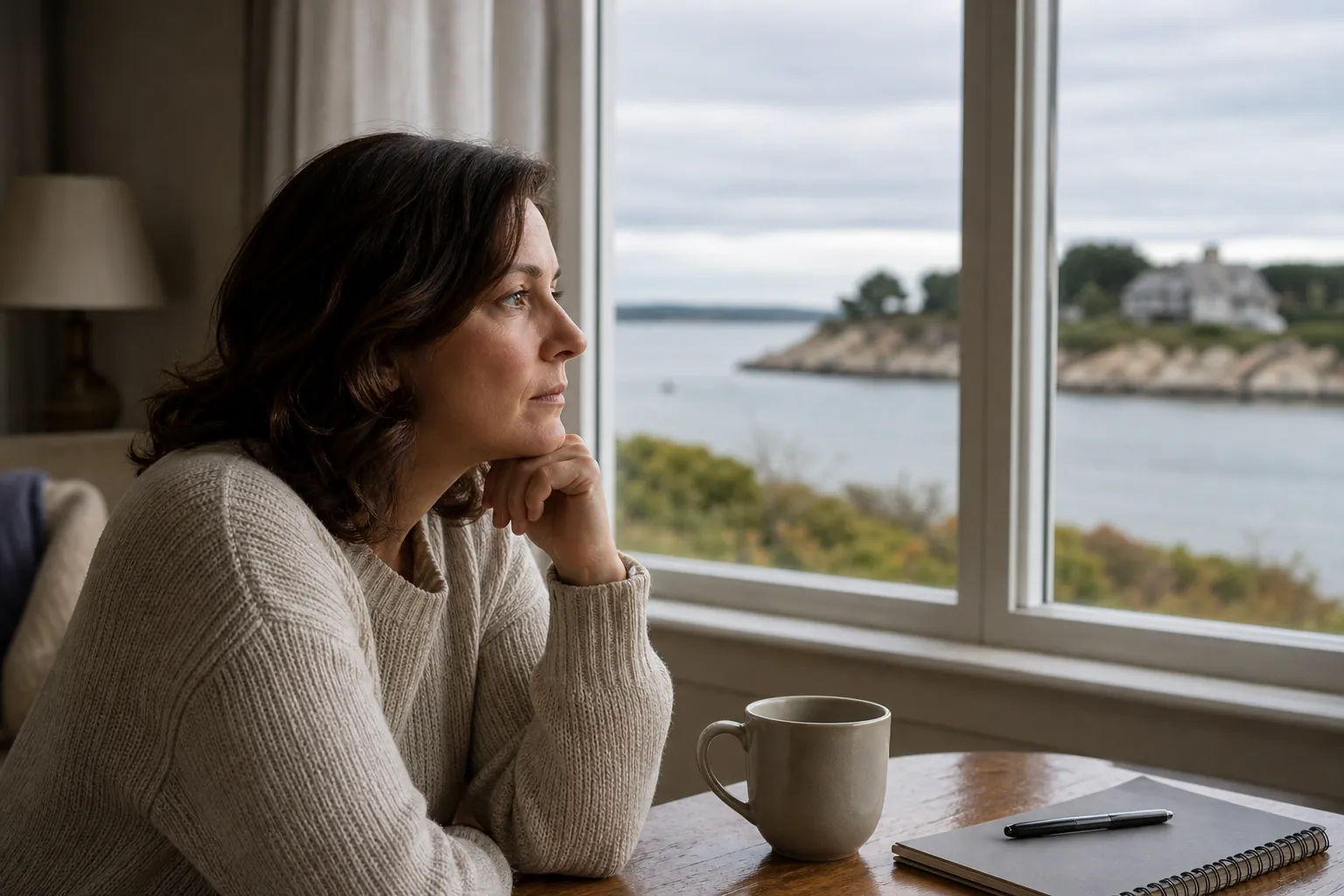 A woman rests her chin on her hand beside a window overlooking water, with a mug, spiral notebook, and pen on the table.