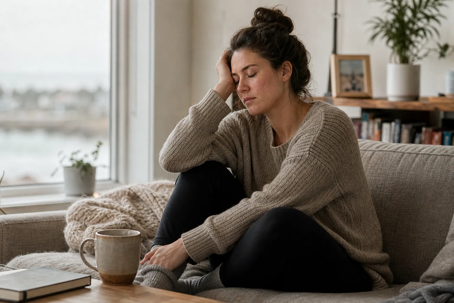 A woman with closed eyes sits curled up on a sofa, resting her head on one hand, with a mug and book on the table.