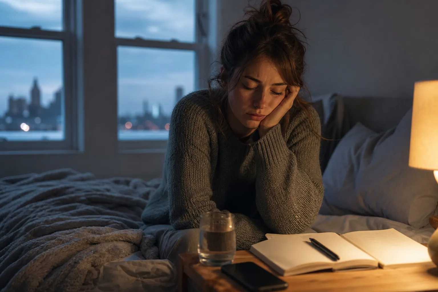 A tired-looking woman sits on a bed with closed eyes, resting her cheek in her hand beside an open notebook and a glass of water.