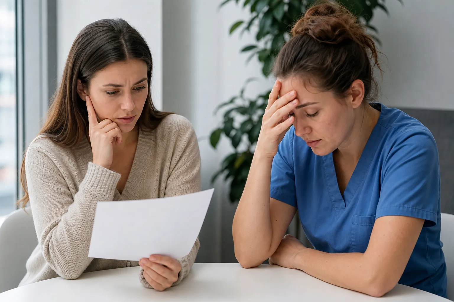 Stressed Woman in Scrubs Reviewing Paperwork Two women sit at a white table reviewing a sheet of paper, while the woman in blue scrubs rests her hand on her forehead.