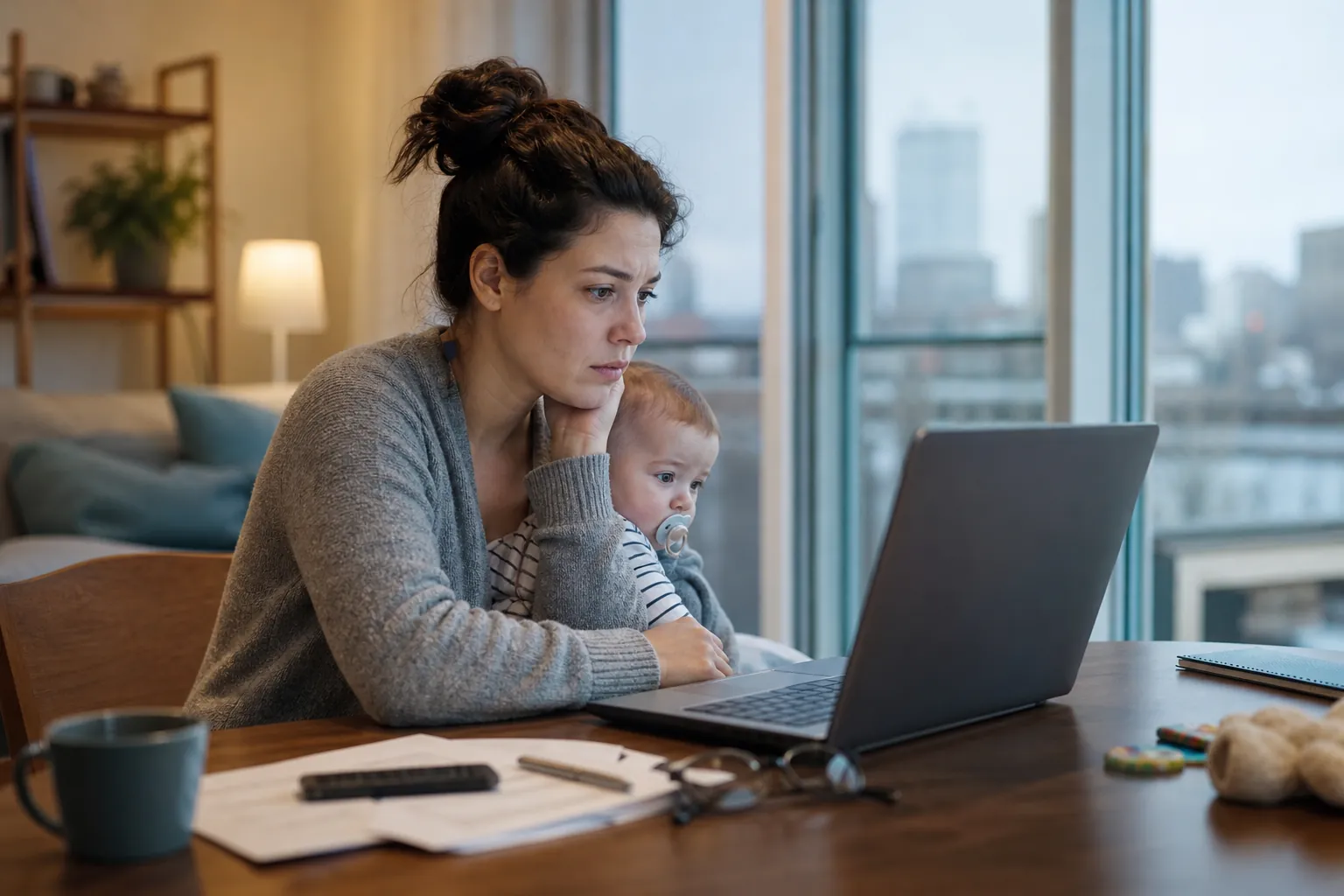 Woman Holding a Baby While Looking at a Laptop A concerned woman holds a baby while looking at a laptop at a wooden table with papers, a phone, and a mug.
