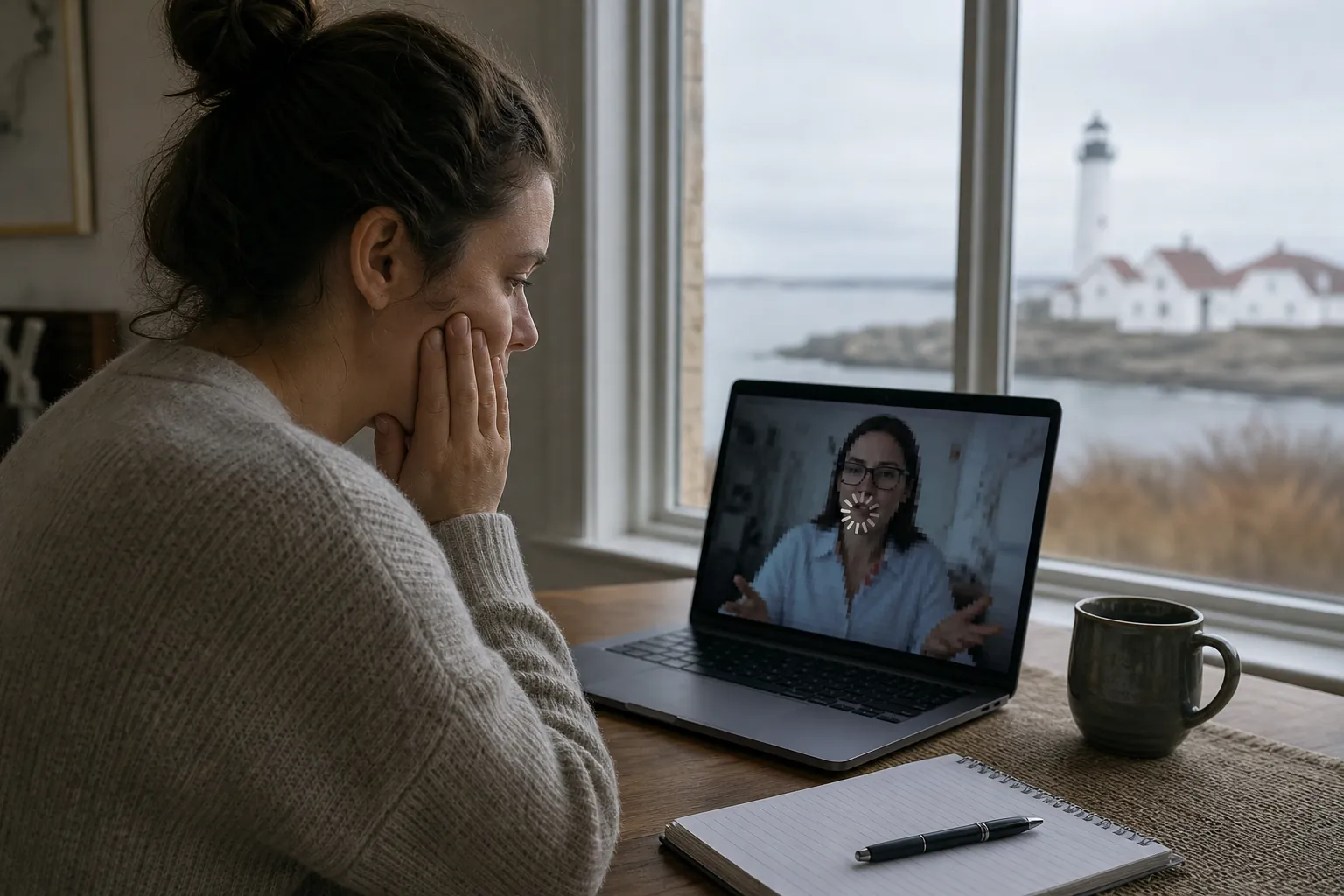 Woman Waiting on a Buffering Video Call A woman watches a buffering video call on a laptop beside a notebook and mug, with a lighthouse visible through the window.