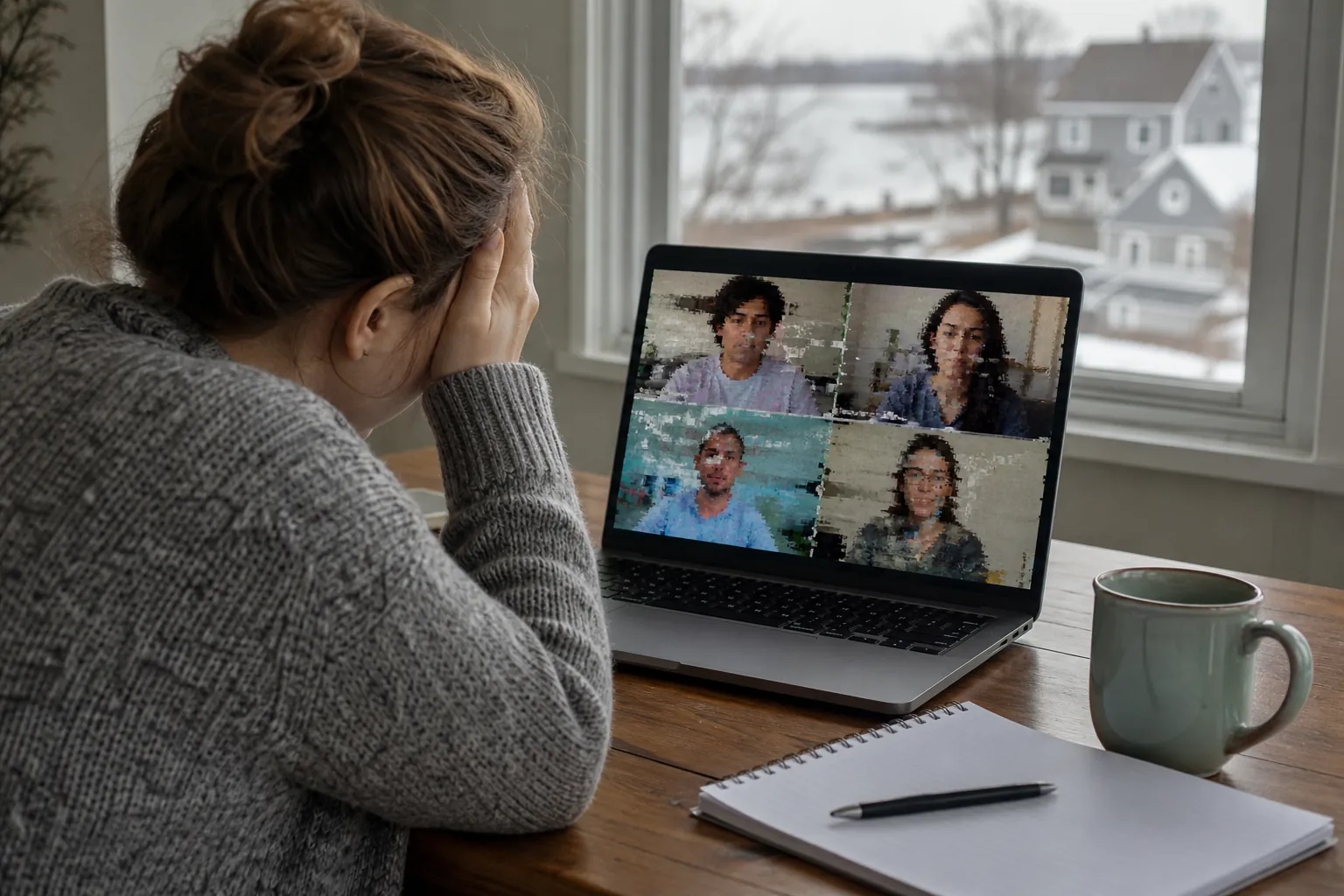 Pixelated Group Video Call With Connection Problems A woman holds her forehead beside a laptop showing four pixelated video call participants, with a mug and notebook on the table.