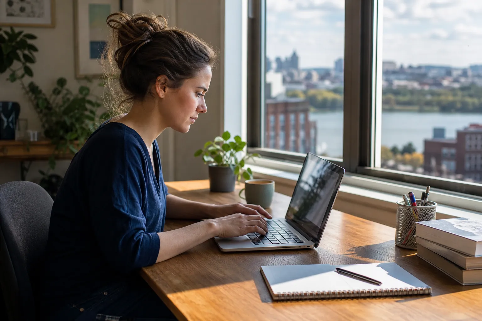 Woman Working on a Laptop at a Window-Side Desk A woman types on a laptop at a wooden desk beside a large window, with a mug, plants, books, and a spiral notebook nearby.