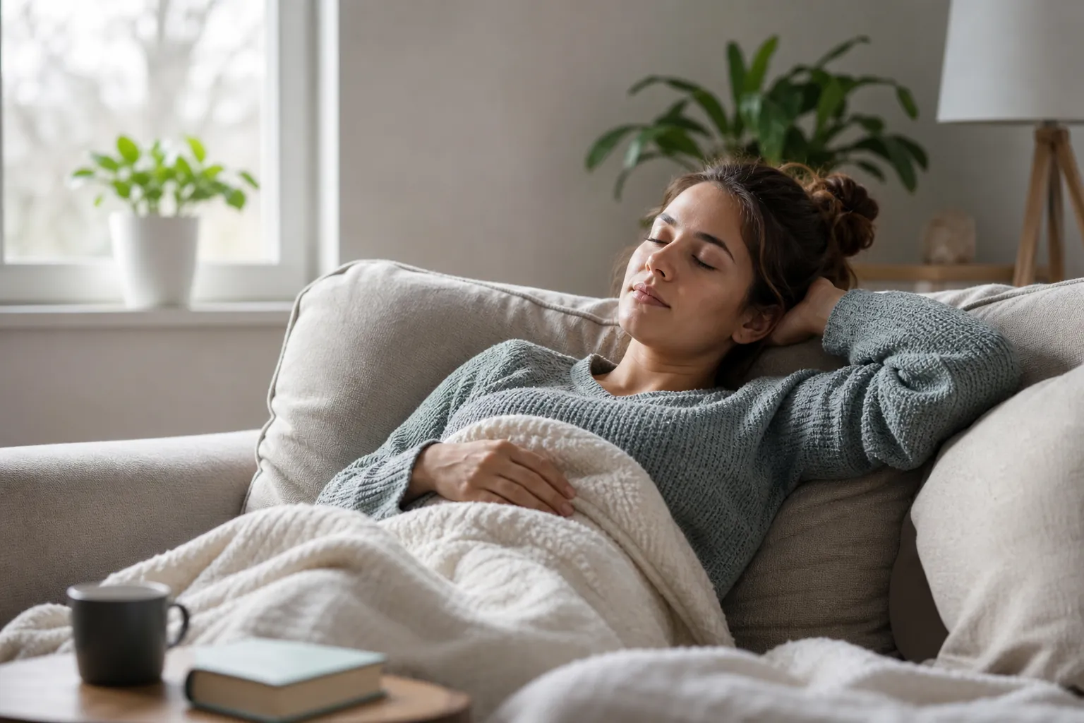 Resting on a Sofa Under a Cozy Blanket A woman rests with her eyes closed on a gray sofa under a cream blanket, with a mug and book on a nearby table.