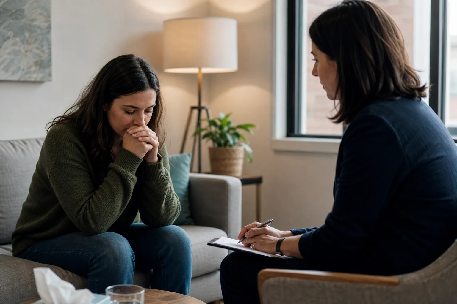 Woman Sitting With Clasped Hands A woman sits with clasped hands near her face while another woman holds a notebook.