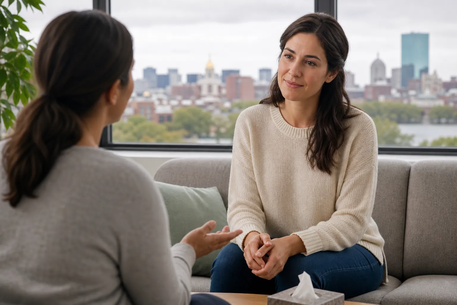 Two Women Talking Beside a Window Two women face each other in chairs beside a large window overlooking buildings.