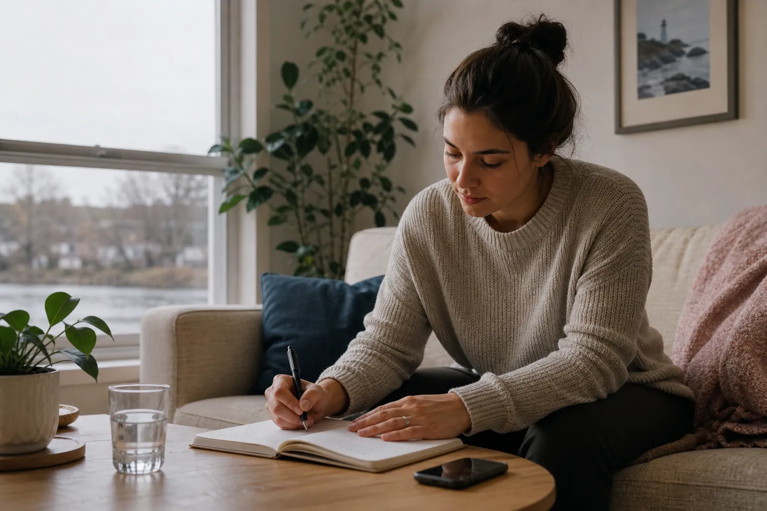 A woman writes in a notebook beside a smartphone and glass of water on a table.