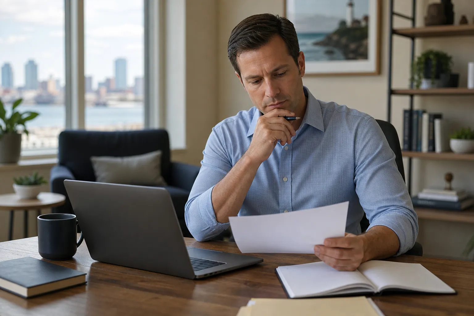A man reviews a sheet of paper beside a laptop and open notebook at a desk.