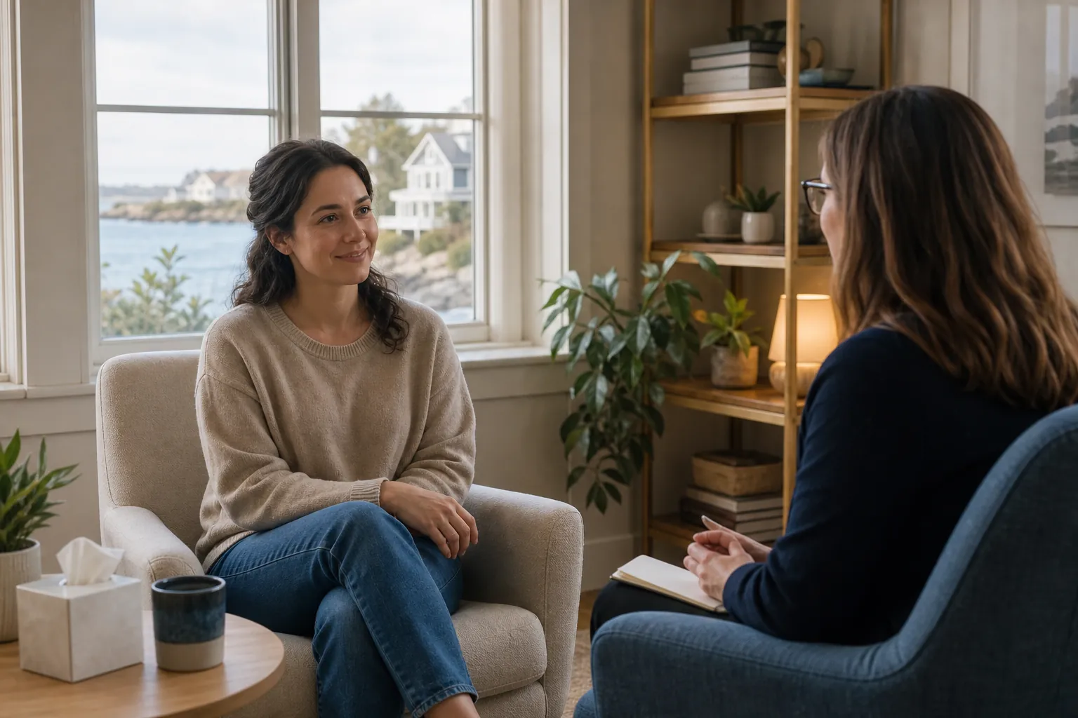 Two women sit facing each other, with an open notebook and a window behind them.