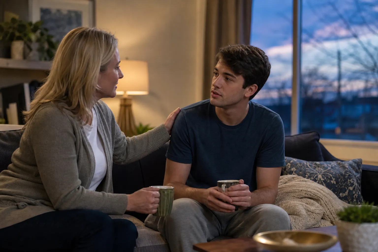 A woman rests a hand on a man's shoulder while they sit together holding mugs.